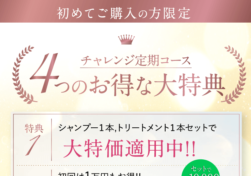 チャレンジ定期コース 6つのお得な大特典 特典１シャンプー・トリートメントセットで、大特価適用中！！　特典２初回は１万円もお得１セット２本で１９６０円 セットで10,000円OFF