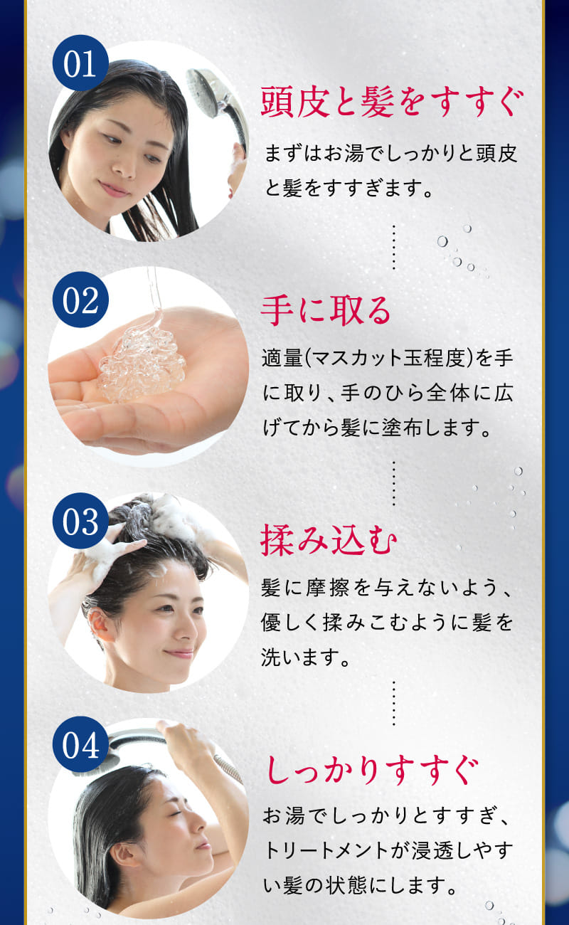 01 頭皮と髪をすすぐ 02 手に取る 03 揉み込む 04 しっかりすすぐ